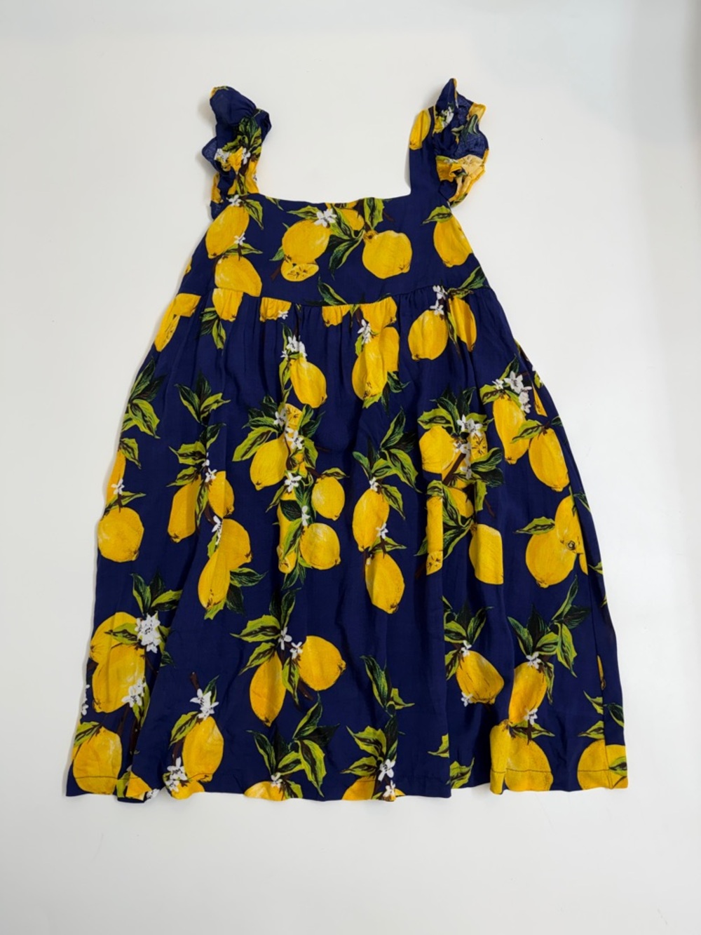 DAVI & DANI Navy With Lemon Print Tiered Dress NWT Blue Yellow Summer Small
